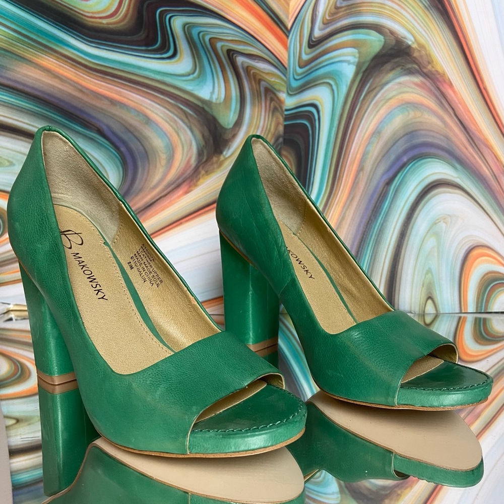 90s-early 00s vintage green leather peep-toe heel